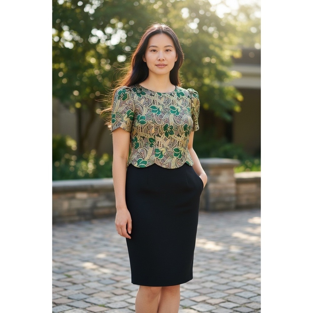 Jessica McClintock VTG 80s Metallic Brocade Velvet Peplum Dress Retro Glam 10‎